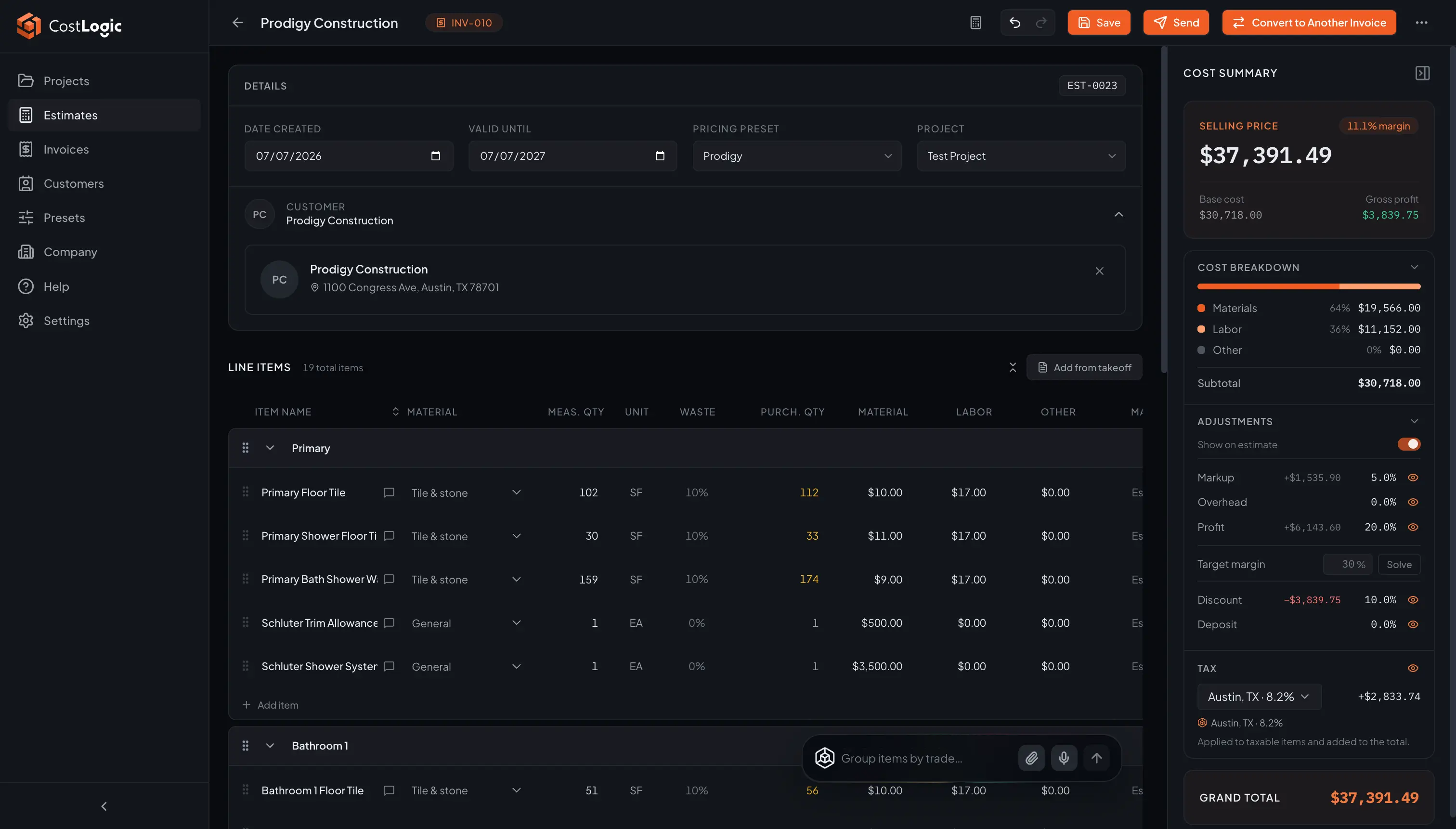 CostLogic estimate editor with line items and totals