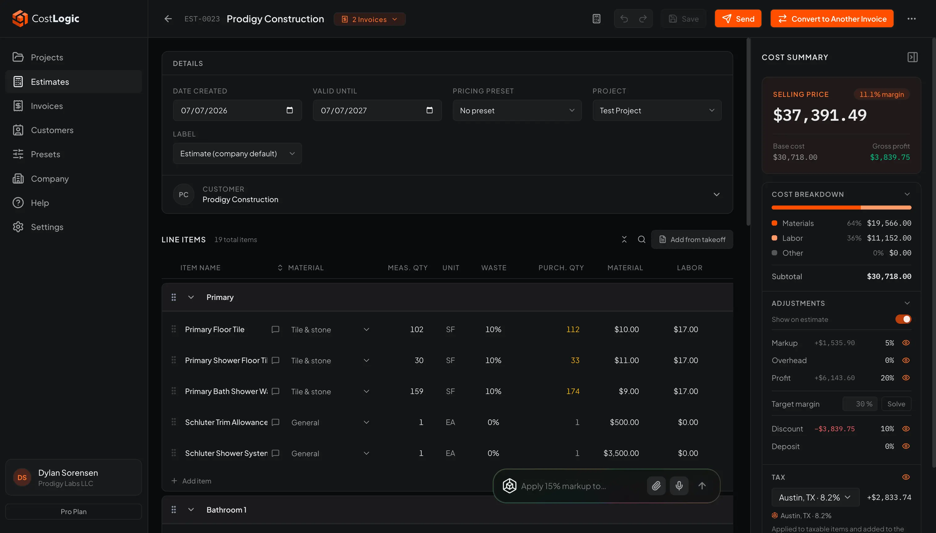 CostLogic estimate editor with line items and totals