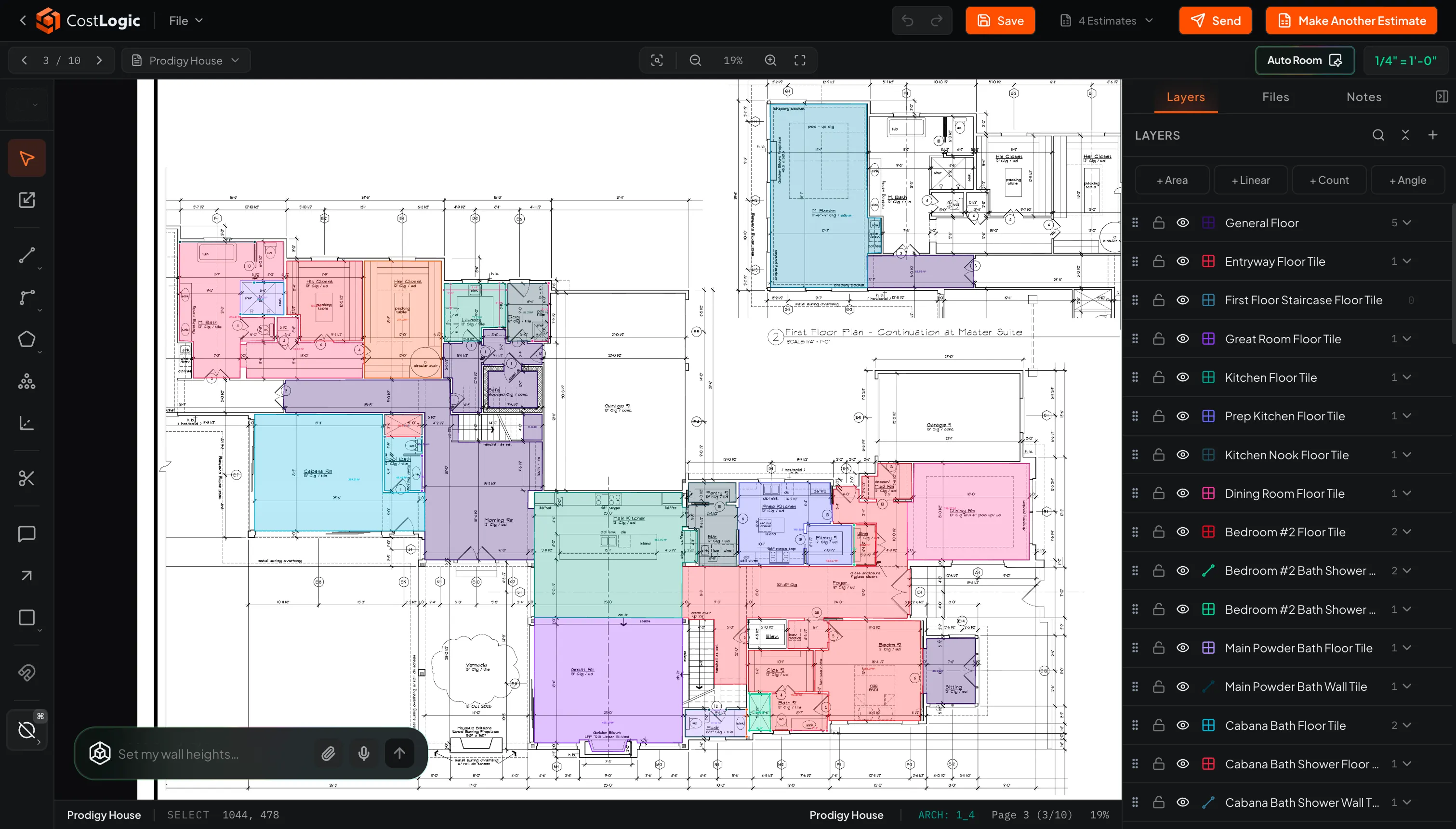 A floor plan in the CostLogic takeoff workspace with measured rooms highlighted on colored layers