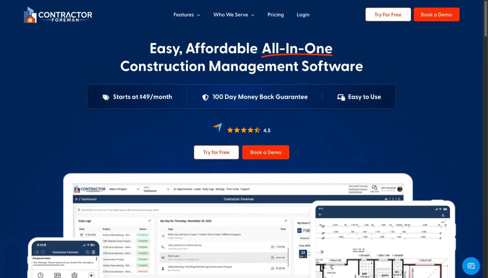 Contractor Foreman dashboard with project and job-management information