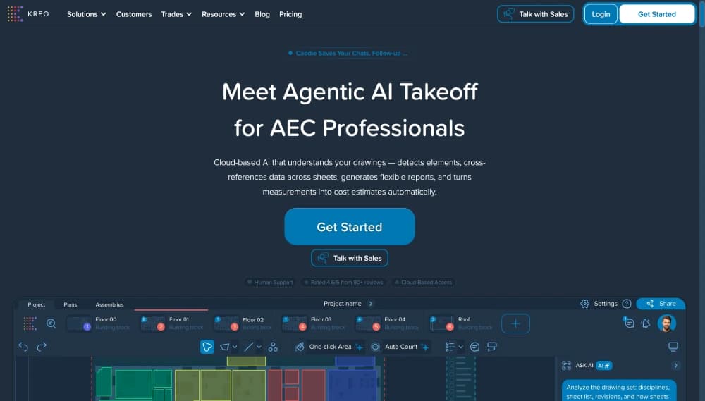 Kreo cloud takeoff workspace with a construction plan and measurement panel