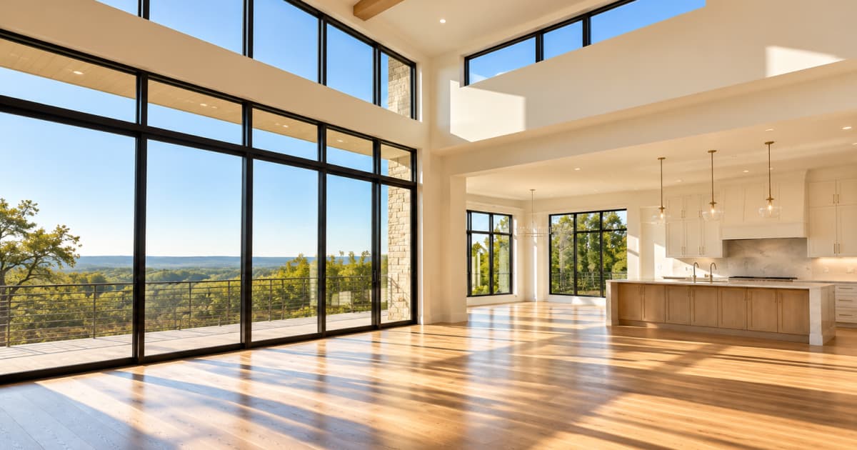 Empty great room with floor-to-ceiling windows, light oak floors, and an open kitchen